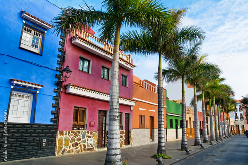Colourful houses and palm trees on street in Puerto de la Cruz, Tenerife, Canary Islands. © olenatur