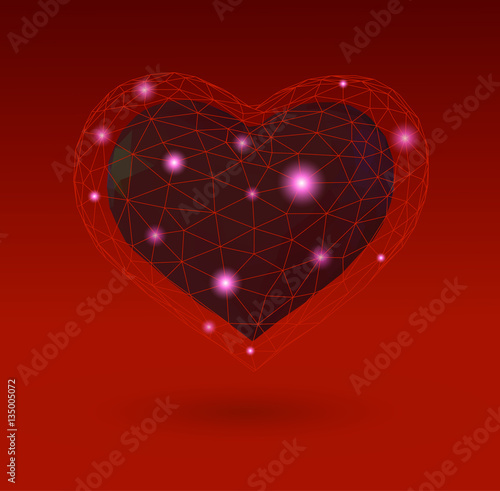 Abstract geometric heart symbol with low poly wireframe
