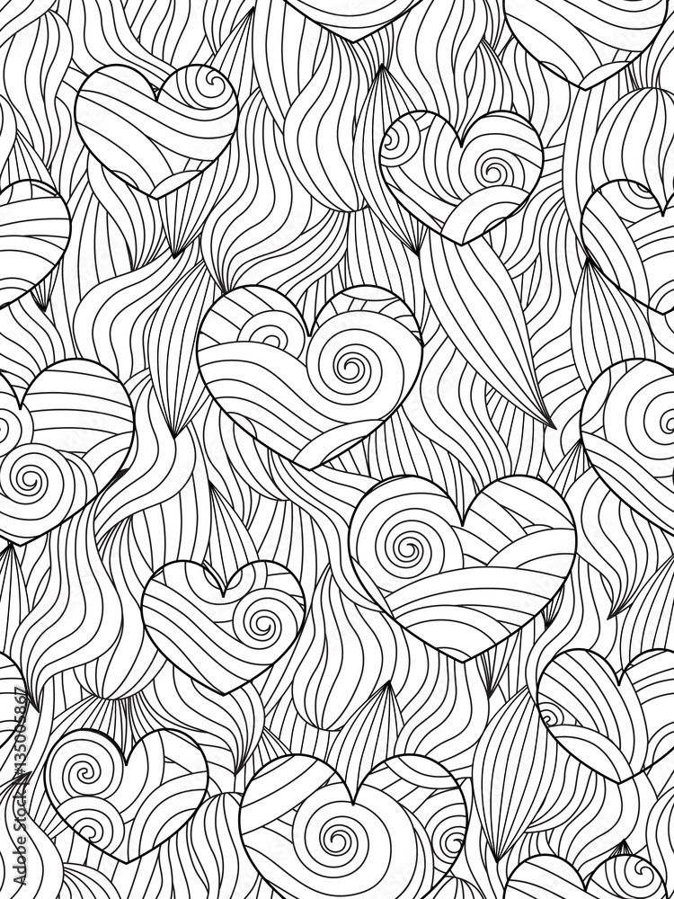 Seamless pattern with abstract waves and hearts. Zentangle inspired style. Seamless pattern with abstract waves and hearts. Zentangle inspired style.