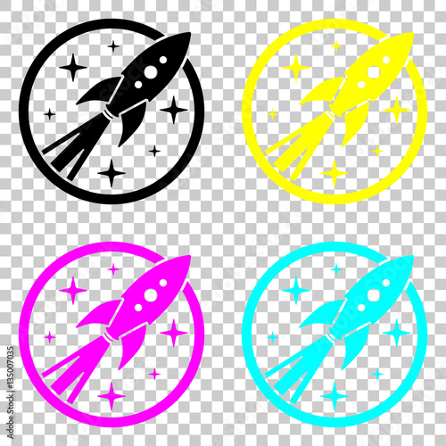 rocket launch with stars in circle icon. Colored set of cmyk icons on transparent background.