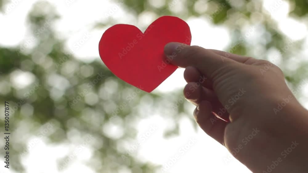Young girl hand holding red paper heart against nature background. Valentine's day, Mother's Day, love nature or life happiness concept Young girl hand holding red paper heart against nature background. Valentine's day, Mother's Day, love nature or life happiness concept