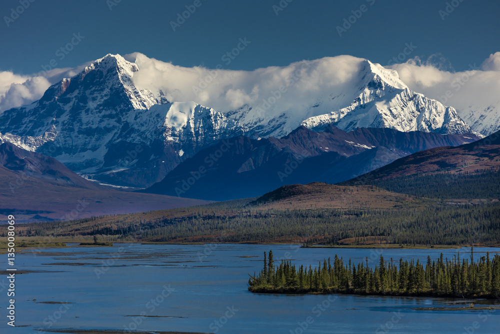 AUGUST 26, 2016 - Lakes of Central Alaskan Range - Route 8, Denali Highway, Alaska,a dirt road offers stunning views of Mnt. Hess Mountain, & Mt. Hayes and Mnt. Debora, Alaska