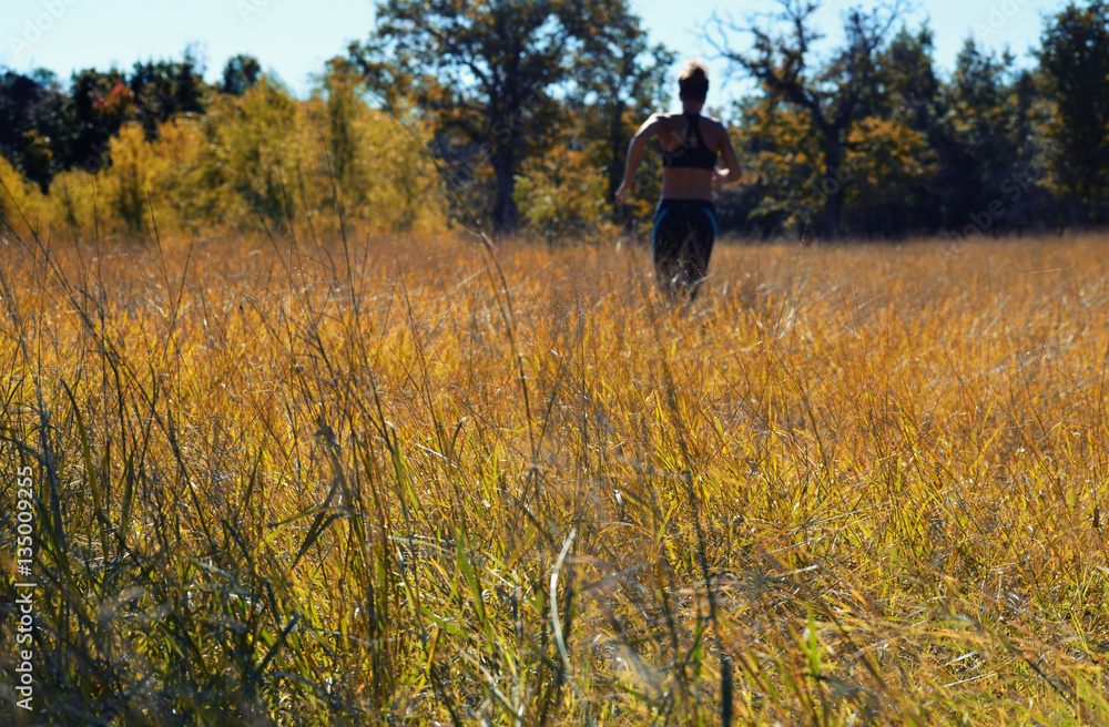 Sunny day fall run through the field of tall grass. Fitness taken outside of the gym. Sunny day fall run through the field of tall grass. Fitness taken outside of the gym.