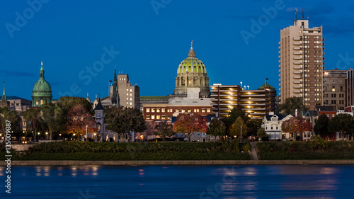 OCTOBER 25, 2016 - HARRISBURG, PENNSYLVANIA, City skyline and State Capitol shot at dusk from Susquehanna River, PA