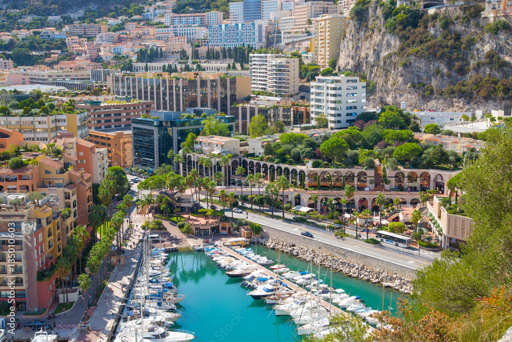 Monaco, Monte Carlo. View of the marina with luxury yachts and residential development