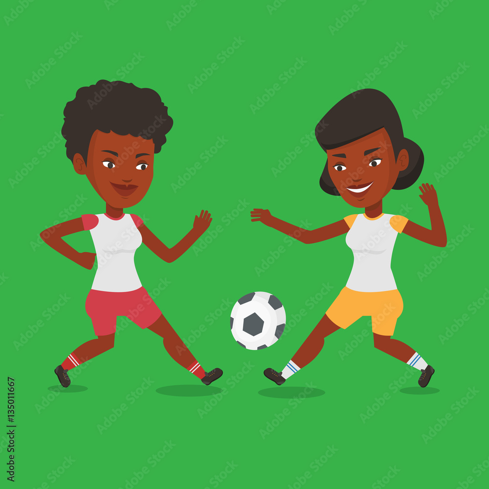 Two female soccer players fighting for ball.