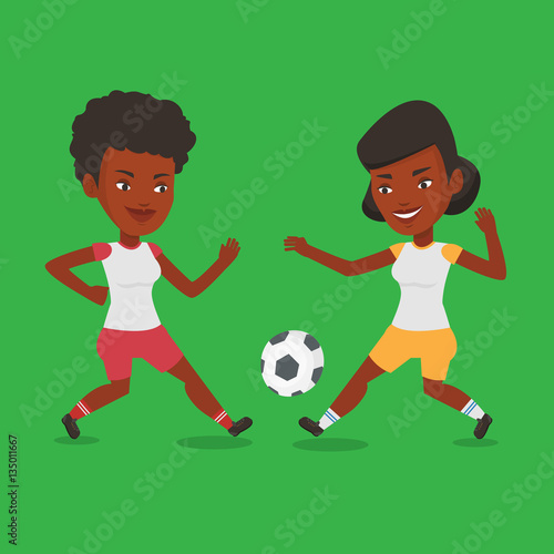 Two female soccer players fighting for ball.