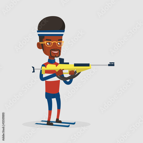 Cheerful biathlon runner aiming at the target.