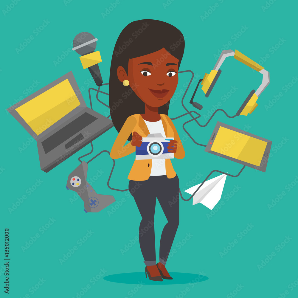 Young woman surrounded with her gadgets. Young woman surrounded with her gadgets.
