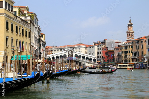 Venice  Italy. The gondolas on the venetian canal near to Ponte di Rialto.