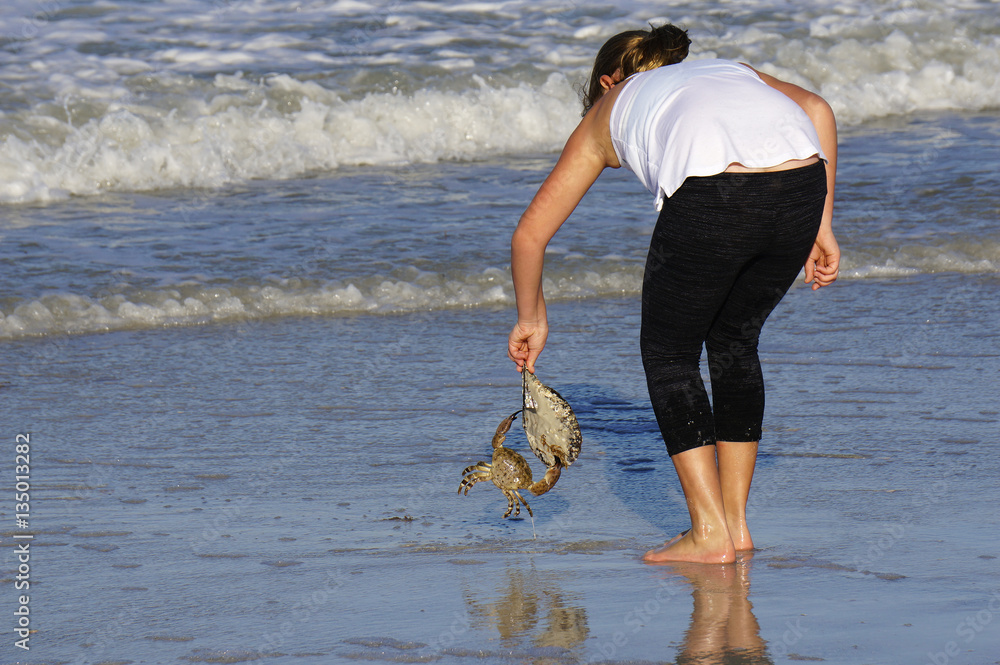Φωτογραφία A young girl rescues a crab that has washed up on St