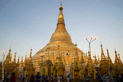 A Shwedagon Pagoda mortar in evening twilight. Yangon  Myanmar