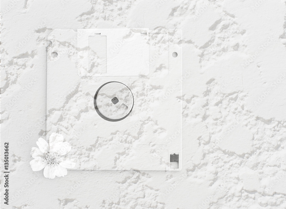 retro white floppy disk and flower with rough cement wall