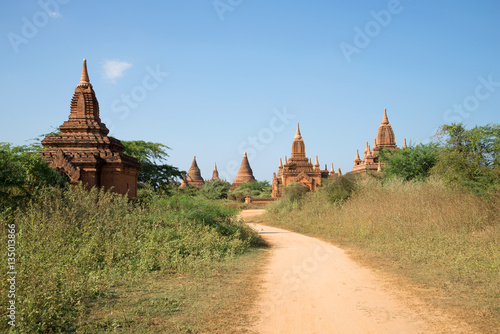 Buddhist temples of an ancient Pagan kingdom in the sunny day. Old Bagan, Myanmar