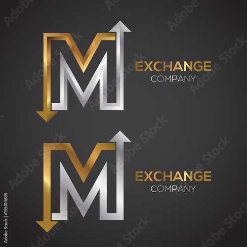 Letter M logo design template Gold and Silver color. Arrow creative sign