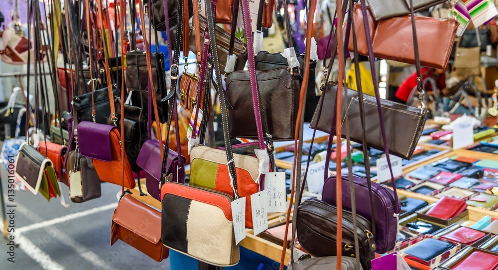 Many handbags for sale at The Queen Victoria Market in Melbourne, Australia