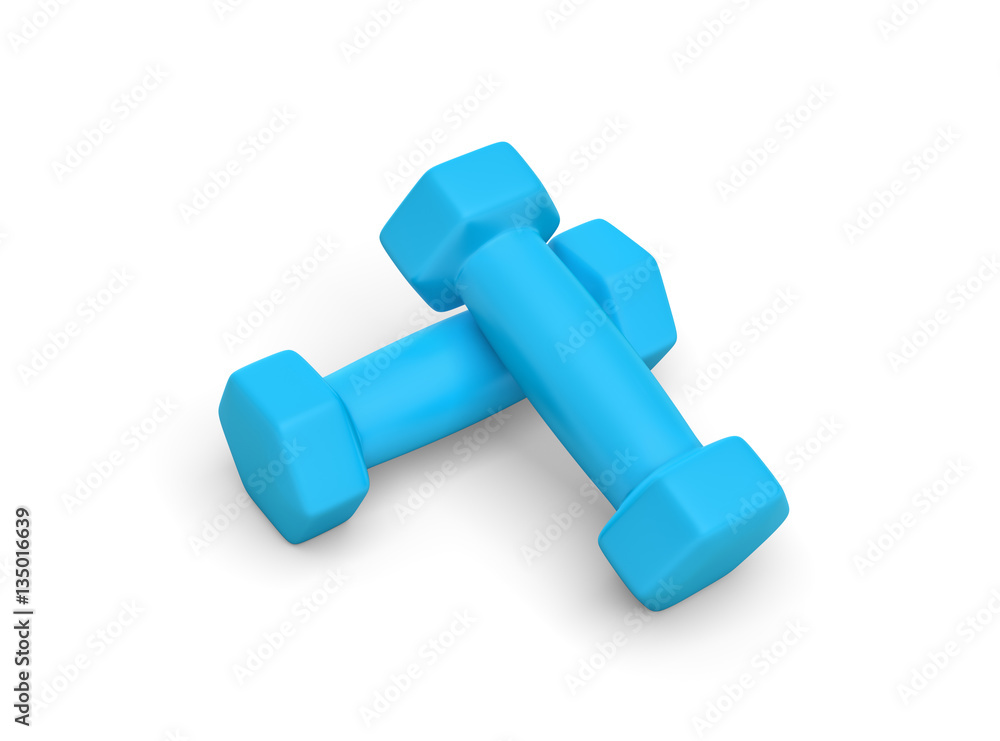 Rendering pair of blue light weight dumbbells isolated on white background. Rendering pair of blue light weight dumbbells isolated on white background.