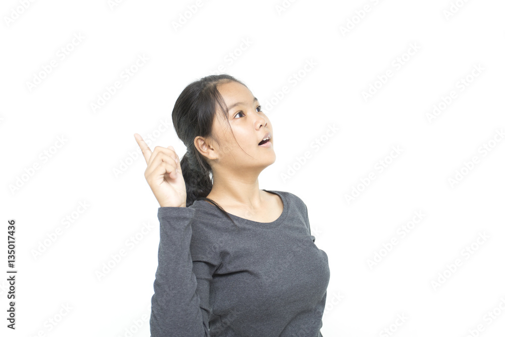 Asian student girl smiling and raise her pointing finger up get Asian student girl smiling and raise her pointing finger up get