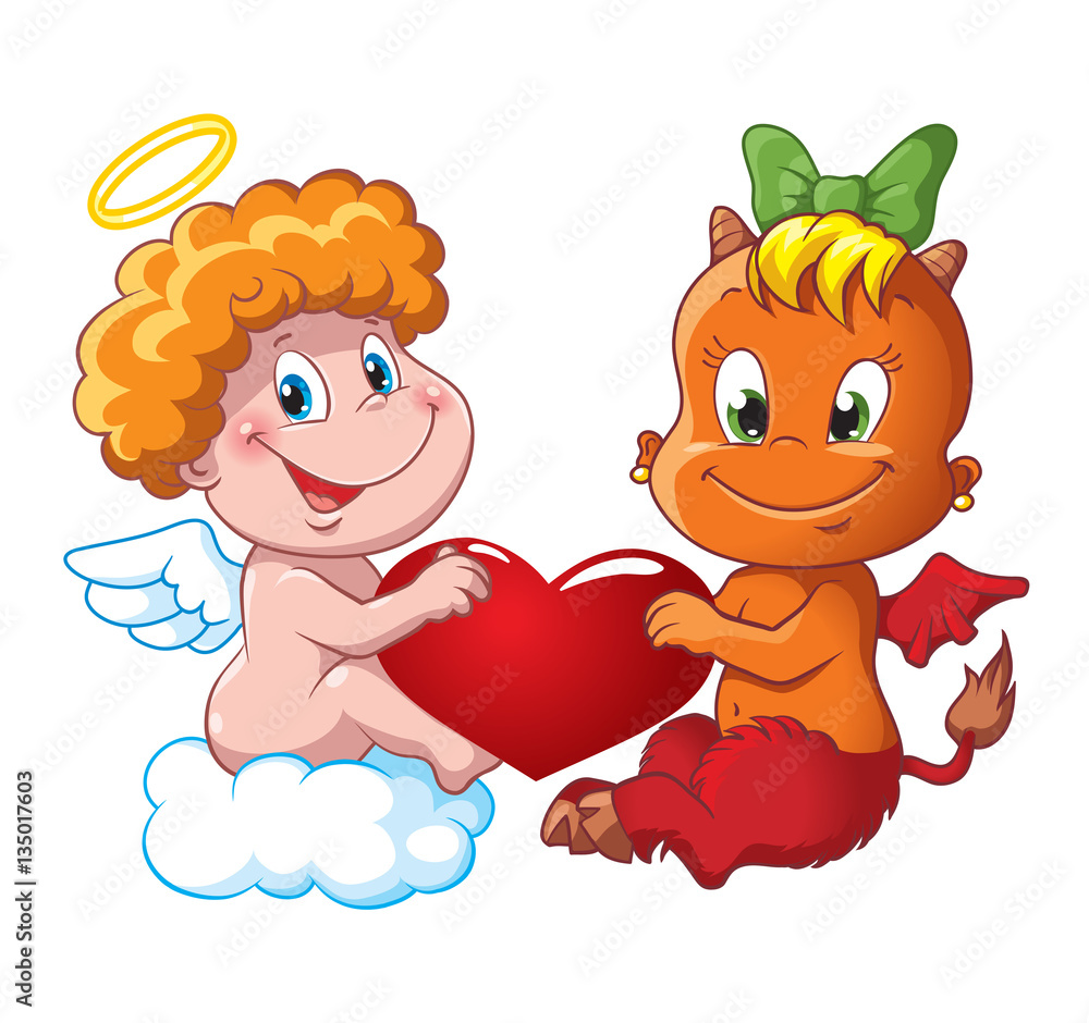 Little playful baby angel on a cloud and cute little devil girl holding  heart. Cartoon vector illustration for greeting and wedding cards and  Valentine's Day Stock Vector | Adobe Stock