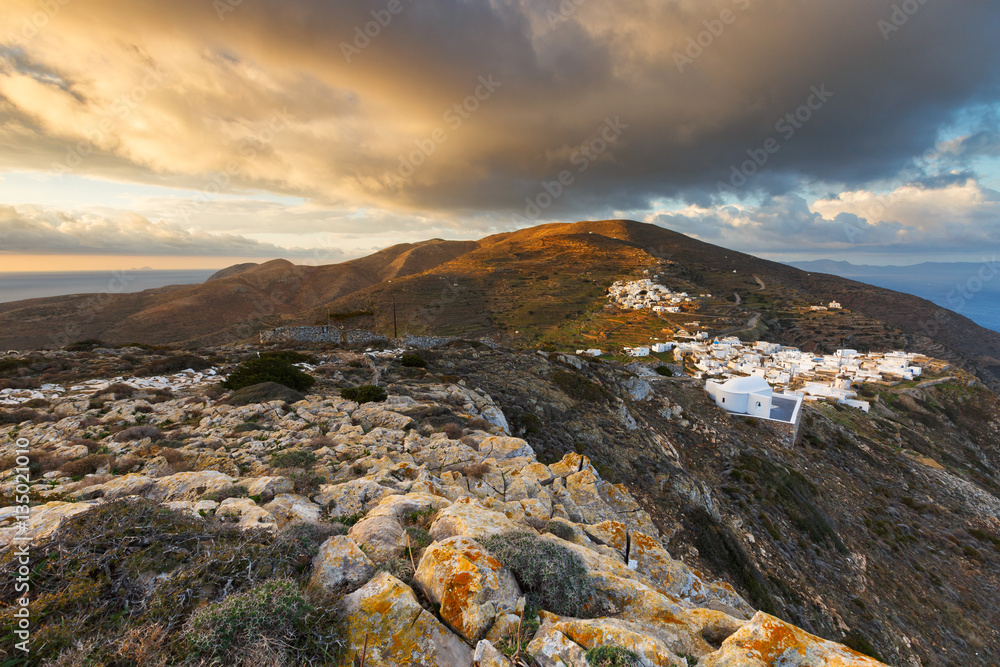 Kastro and Chora villages on Sikinos island early in the morning.