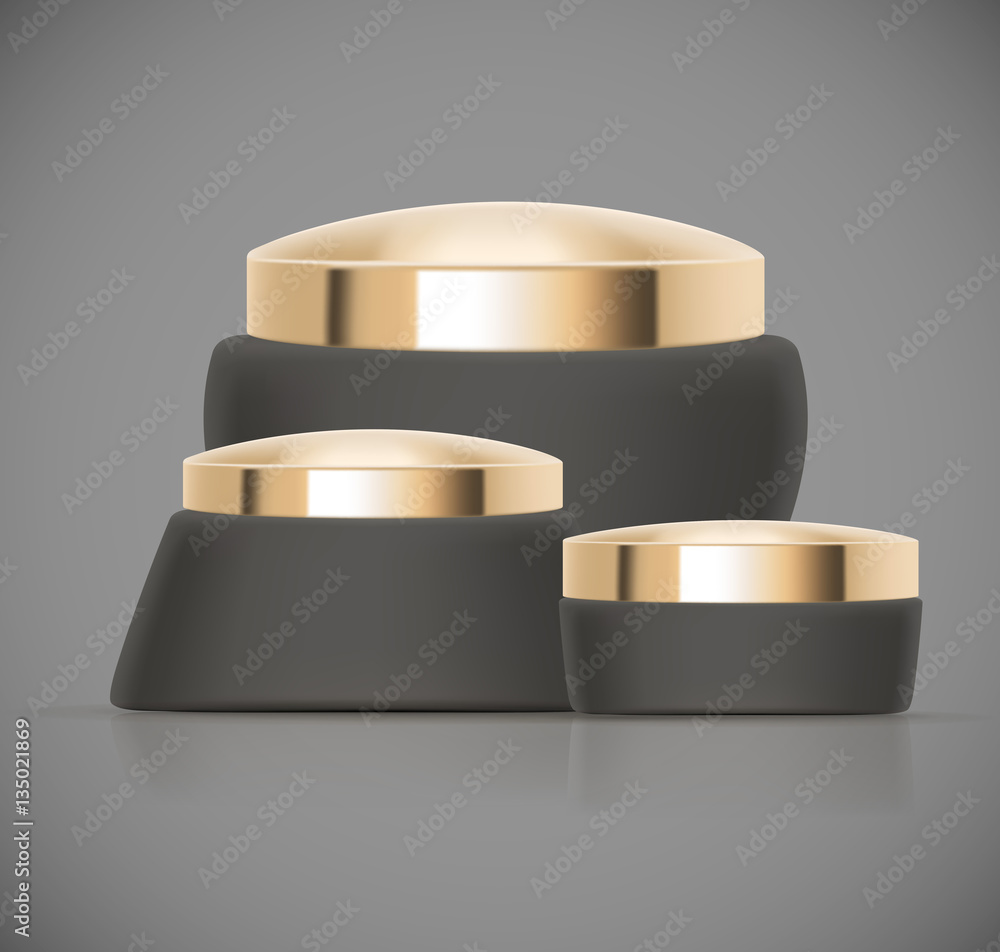 Set of black Luxury cosmetic packaging collection with gold cap and blank space for your design isolated vector illustration Set of black Luxury cosmetic packaging collection with gold cap and blank space for your design isolated vector illustration