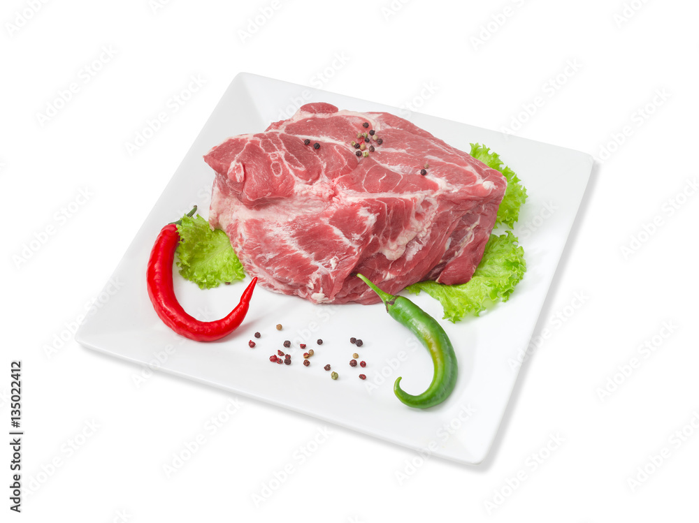 Piece of fresh uncooked pork neck, spices on square dish Piece of fresh uncooked pork neck, spices on square dish