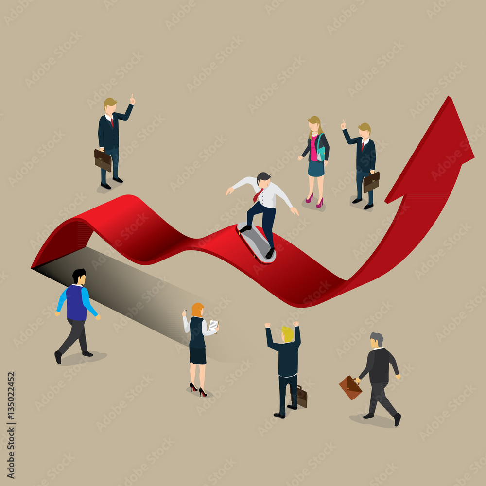 businessman skating on profit chart with isometric concept businessman skating on profit chart with isometric concept