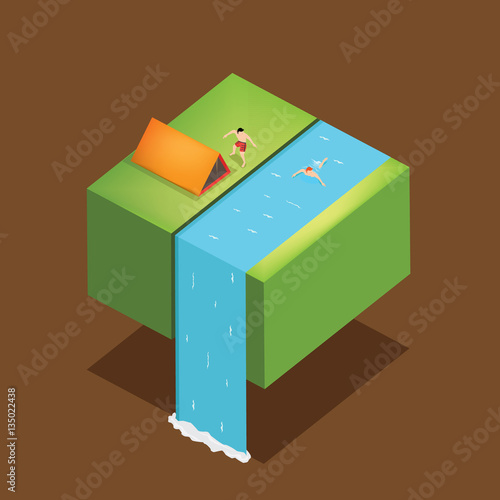 people camping in nature land with isometric concept