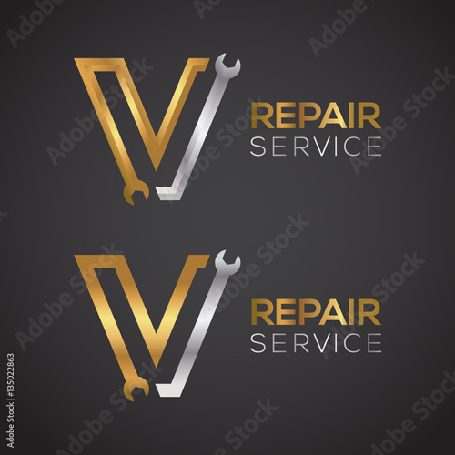 Letter V with wrench logo Gold and Silver color,Industrial,repair,tools,service and maintenance logo for corporate identity