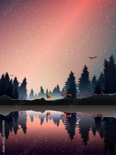 animal in pine wood near lake at dusk