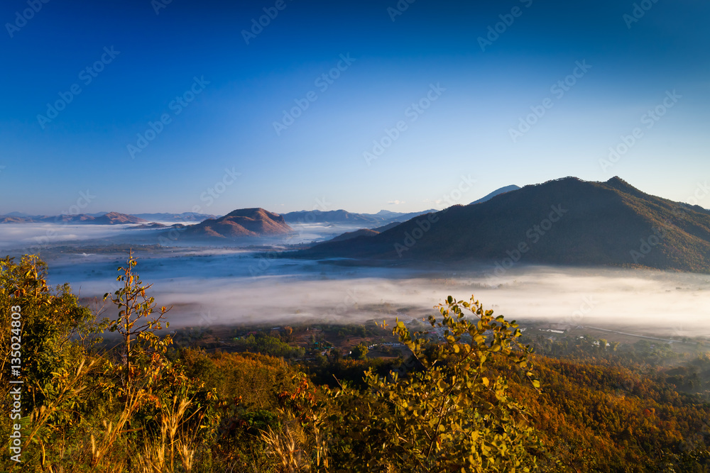 Landscape view top of mountain with foggy and clear sky