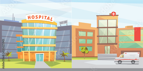 Set Hospital building cartoon modern vector illustration. Medical Clinic and city background. Emergency room exterior.