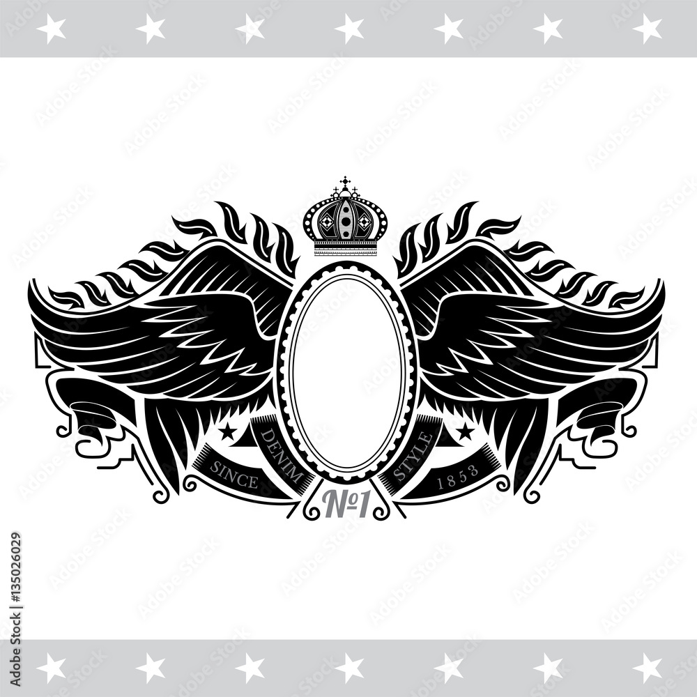 Naklejka premium Oval frame with ribbon between two pair wings with fair. Heraldic vintage label on white