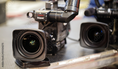 Two professional camera on the floor. Recording TV shows. Operator Jobs.