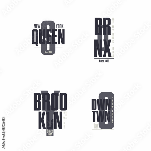 The Bronx, Brooklyn, Queens, Downtown, New York City lettering. T-shirt printing design. Set of stamps, prints for sportswear or streetwear apparel. Vector illustration