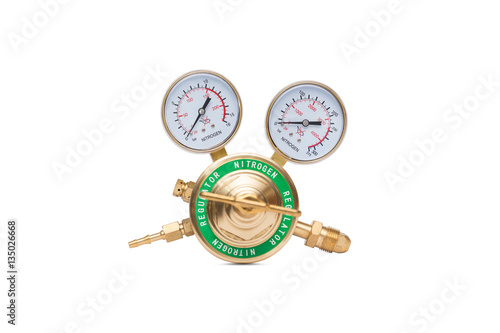 A brass nitrogen regulator isolated on a white background