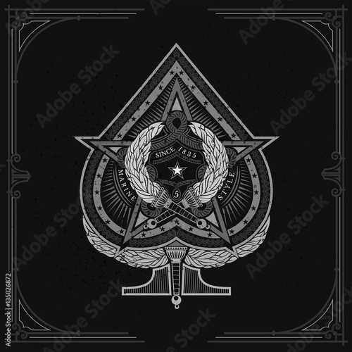 Ace of spades with big star in centre and two torch cross inside on blackboard
