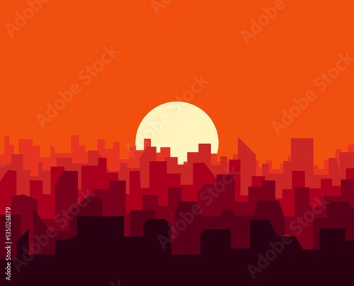 City sunset skyline urban landscape. Cityscape silhouette in flat style