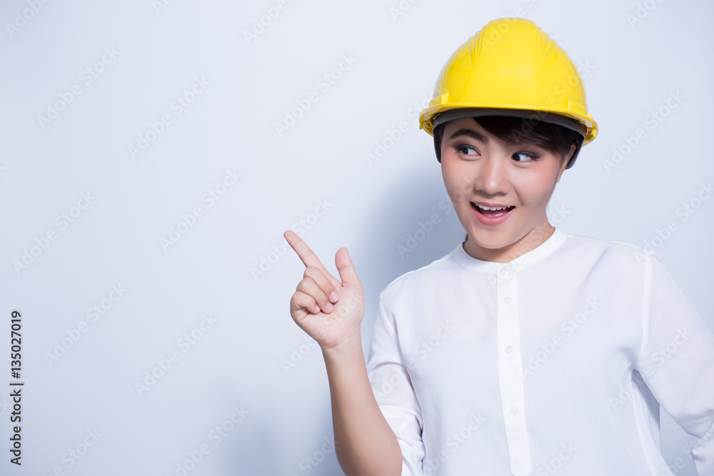 Engineer woman on white background coppy space Engineer woman on white background coppy space