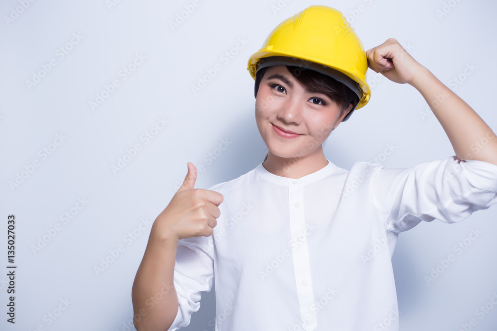 Engineer woman on white background coppy space Engineer woman on white background coppy space