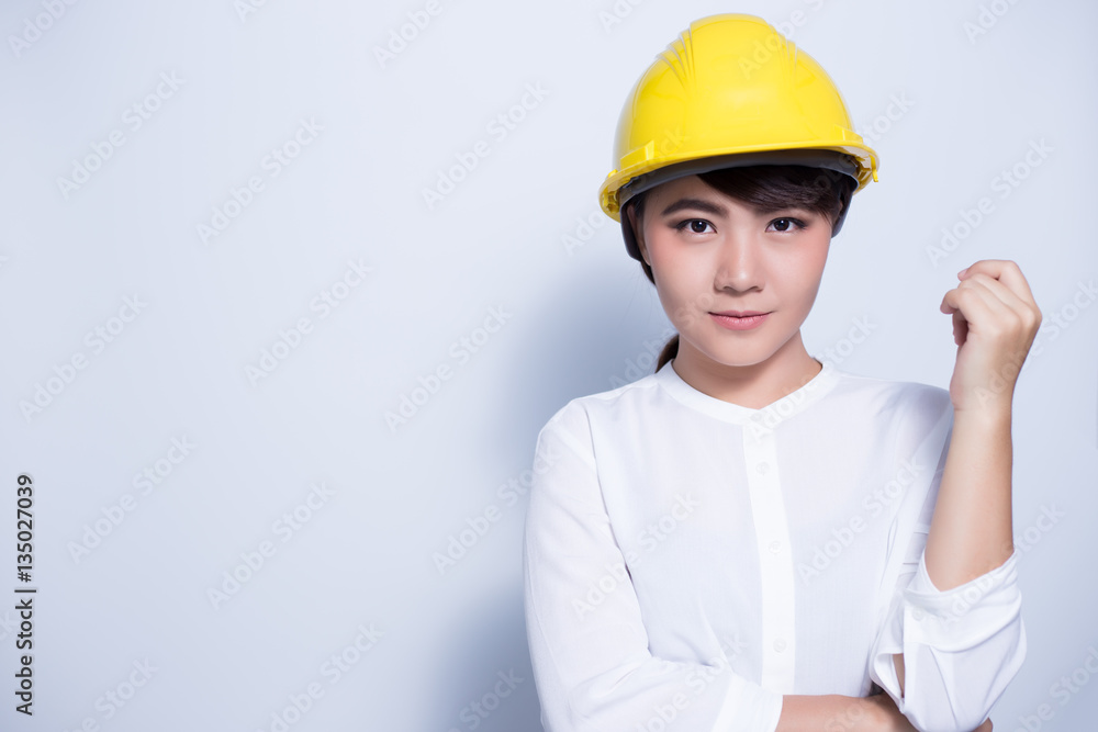 Engineer woman on white background coppy space Engineer woman on white background coppy space