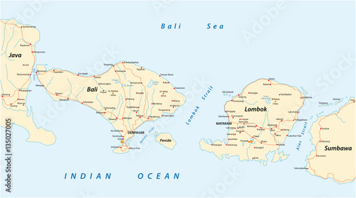 Vector road map of Indonesian Lesser Sunda Islands Bali and Lombok