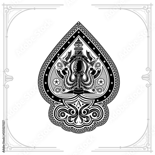  Ace of spades from octopus with cross harpoons and lighthouse behinde. Sea vintage label on white