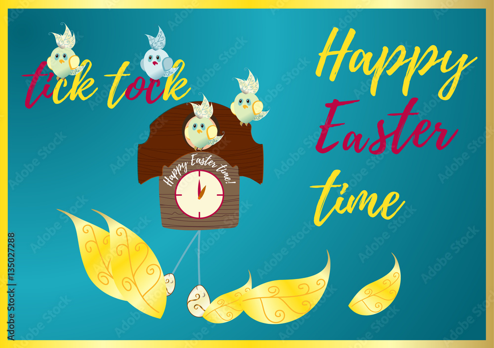 Easter vector set includes clock with golden Easter eggs and cuckoo