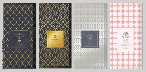 Chocolate bar packaging mock up set. Trendy luxury product branding template with label and geometric pattern. vector