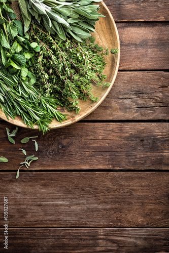 Obraz na plátně various fresh herbs, rosemary, thyme, mint and sage on wooden background