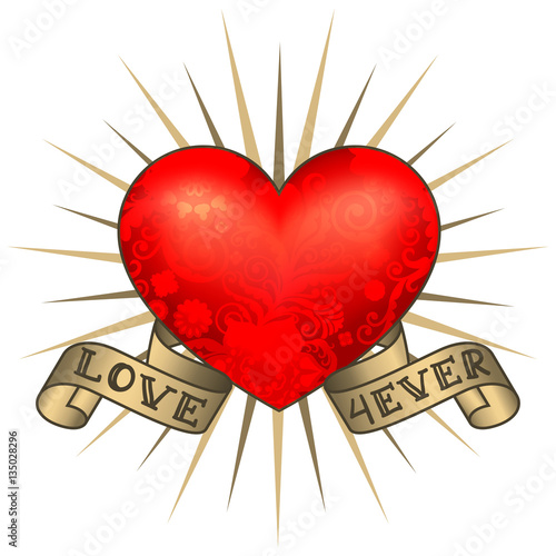 Retro tattoo heart with gold ribbons. Happy Valentine's Day card