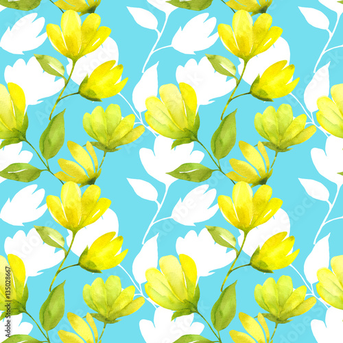 Floral seamless pattern watercolor. Yellow spring flower magnolia. Spring background with beatifull yellow flowers