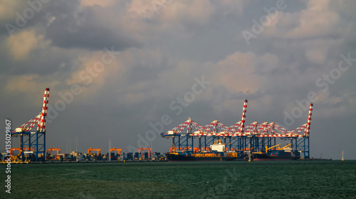 Panorama of Djibouti port with ships and cargo crane