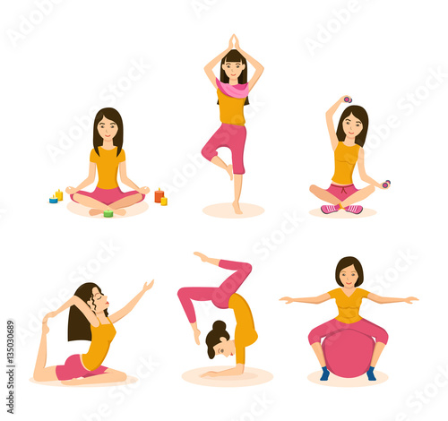 Girls do yoga, meditation and fitness in different positions.